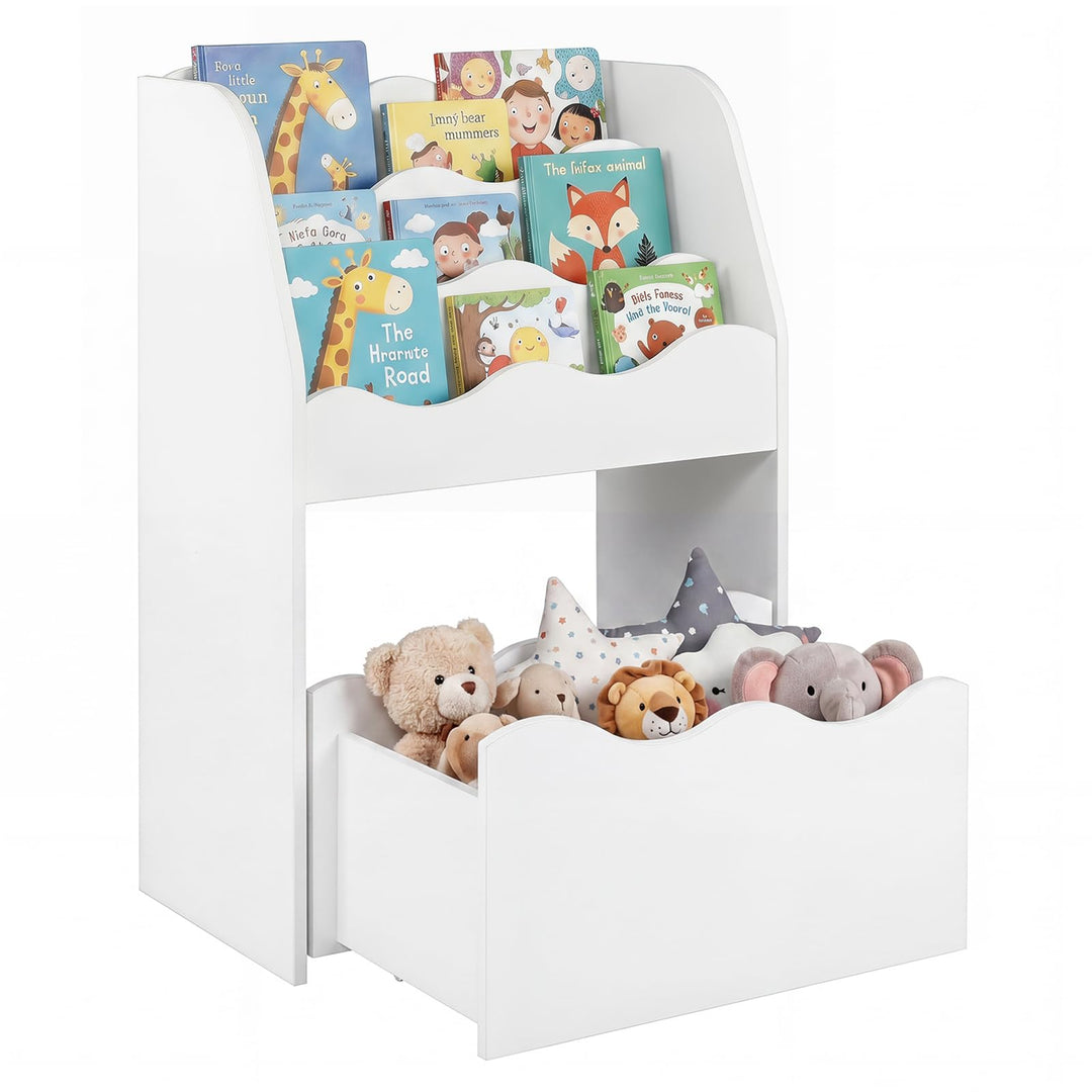 COSTWAY Kinder Bücherregal mit Schublade auf Rollen (Weiss) | 3-stufiges Kinderregal wellenförmig au