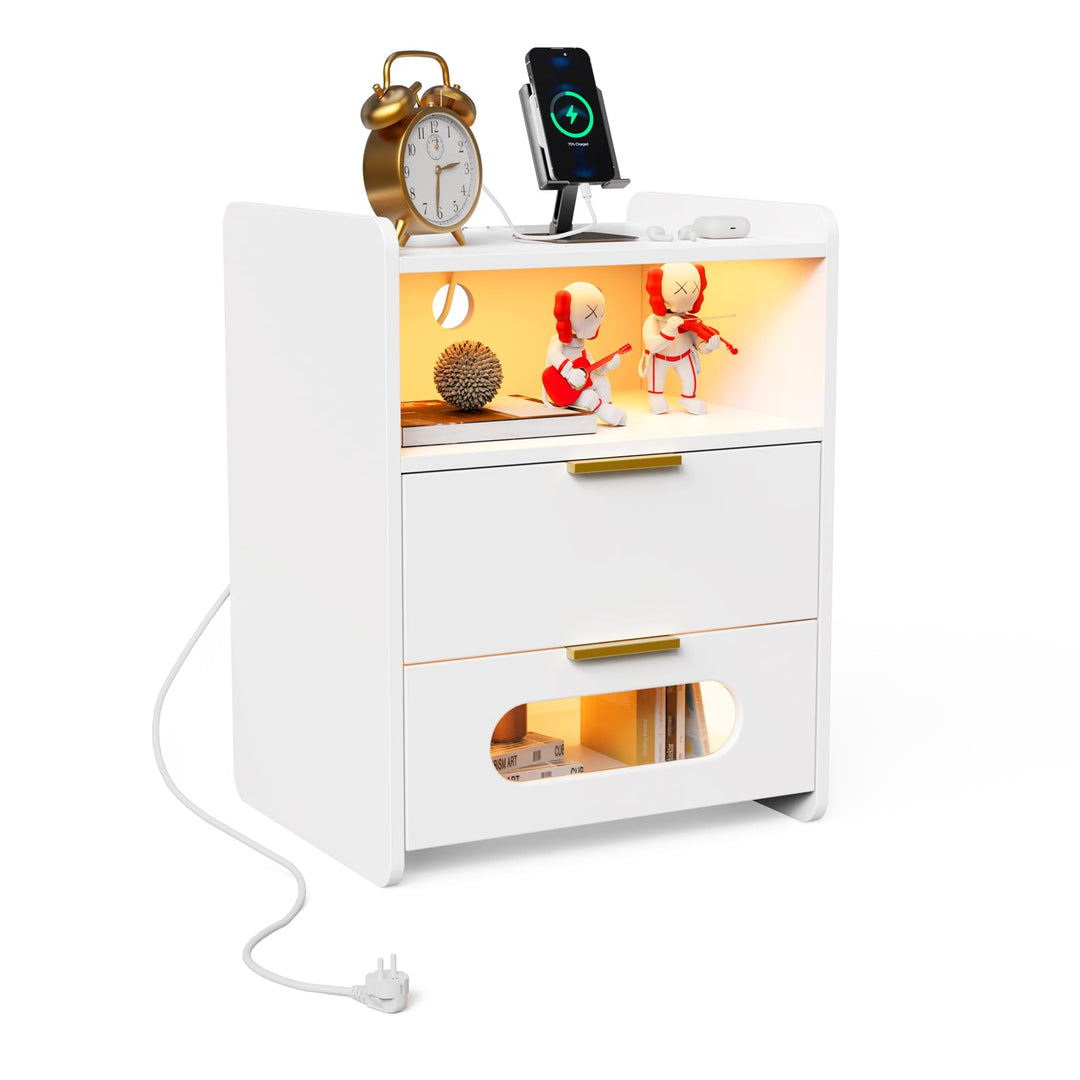 Led Nachttisch mit Ladestation, Nachtschrank mit Steckdose & USB-Anschlüssen, Nachttisch mit Offene