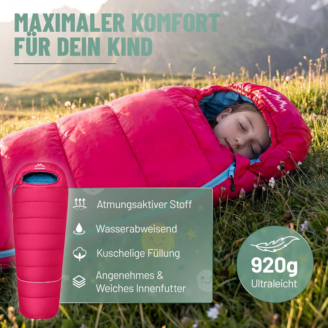 ALPENWERT® Kinderschlafsack Sommer – wächst mit! [130–170cm] – Nur 920g, Kompakt [32×19cm] – Perfekt