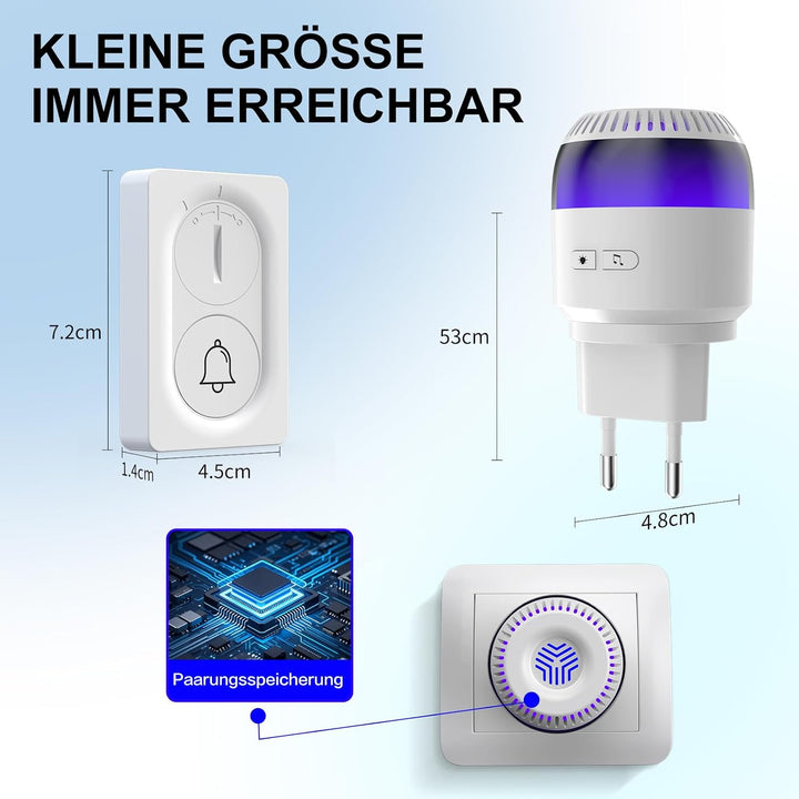 Funkklingel 1 Steckempfänger & 1 Sender, Akustische und visuelle Signale | •300 m Funkreichweite,RGB