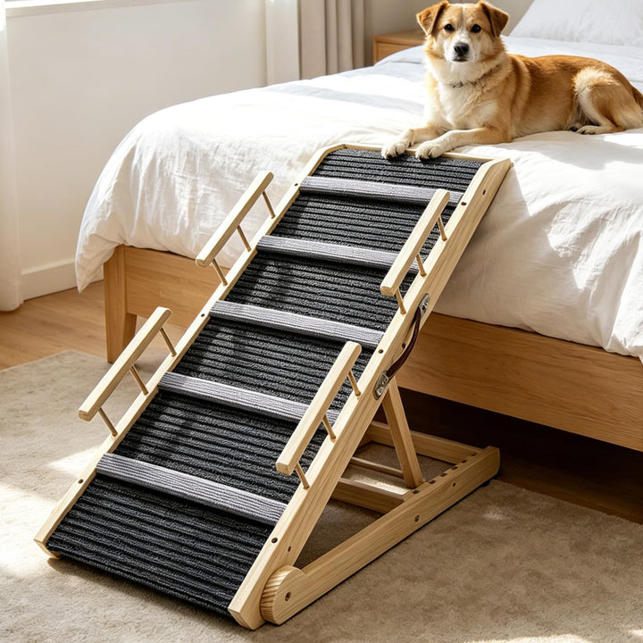 Hunderampe aus Holz, Hundetreppe 6 Stufen Verstellbar 29-66.5cm für Sofa Auto Bett, Treppe für Hunde