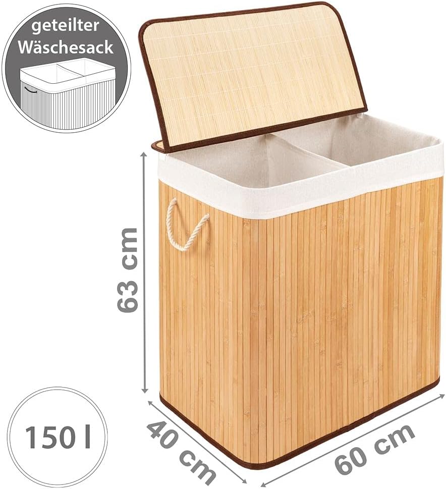 PANA®ECO Bambus Wäschekorb mit Deckel (150 L) • Wäschebox mit herausnehmbaren Wäschesack • Faltbarer