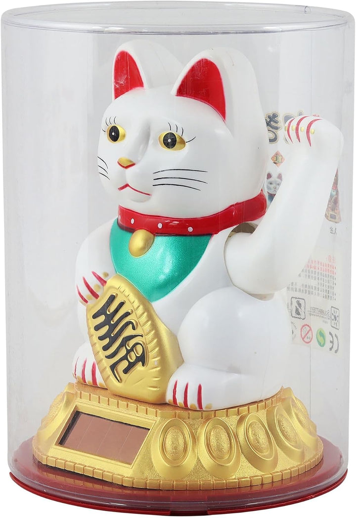 Freak Scene Glückskatze - Maneki-Neko - Winkekatze Solar - runder Sockel - 18 cm - weiss