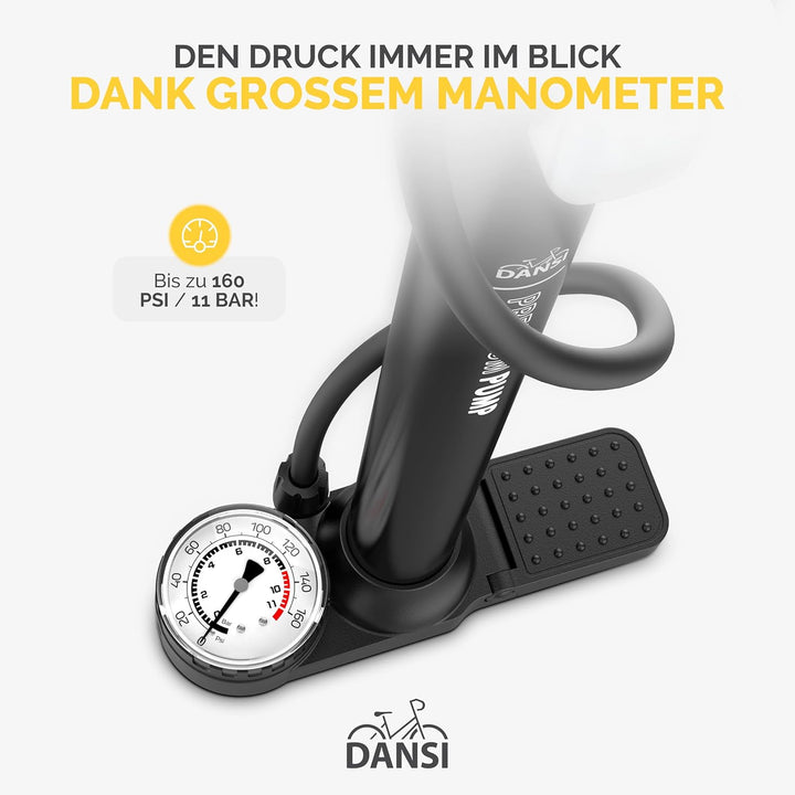 DANSI Stand-Fahrradpumpe alle Ventile AV, SV, DV - Luftpumpe Fahrrad Inklusive Grossem Manometer, Ad