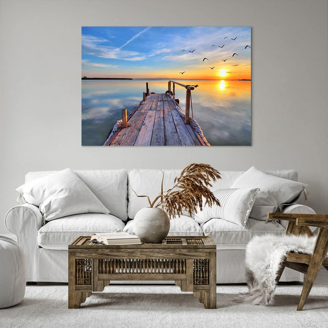 ARTTOR Bilder auf Leinwand 100x70cm Leinwandbild See Natur Brücke Vögel Gross Wanddeko Bild Schlafzi