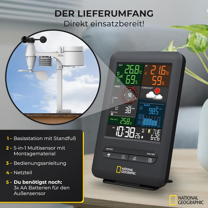 National Geographic Wetterstation Funk mit Aussensensor Wetter Center 5-in-1 Colour mit Aussensensor