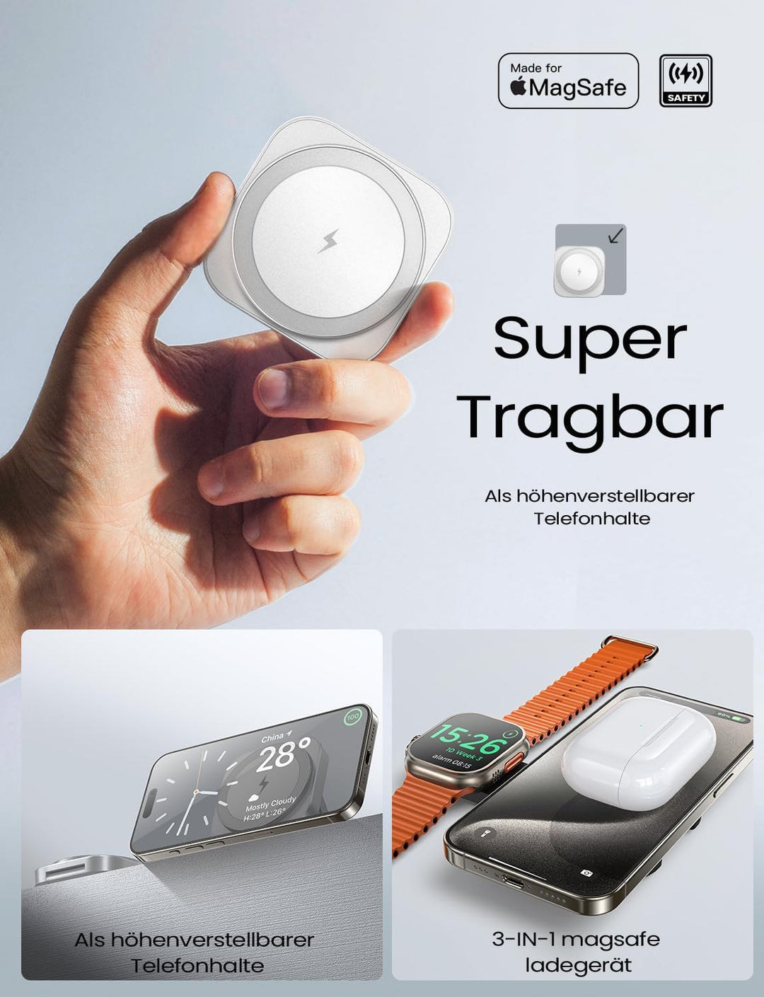 LISEN Induktive Ladestation für Apple Watch Und iPhone [Super Tragbar] Magsafe Ladestation,Reisen Wi