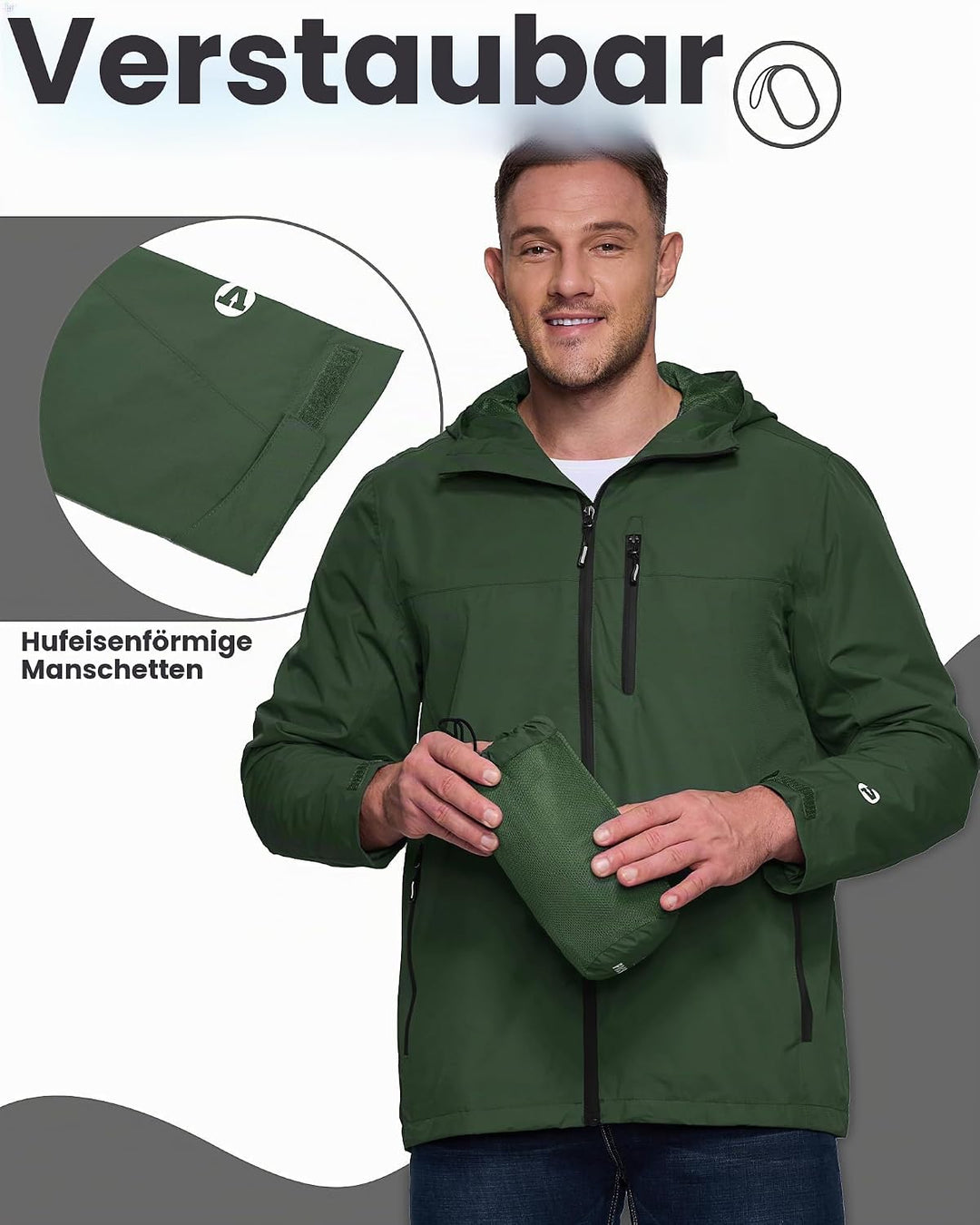 Outdoor Ventures Regenjacke Herren Wasserdicht Atmungsaktiv, Packbar Fahrrad Jacke Leichte Windbreak
