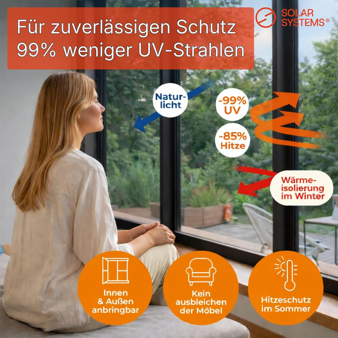 Solar Systems Fensterfolie Sonnenschutzfolie für Wärmeisolierung mit Montagekit - Anti-UV Solarfolie