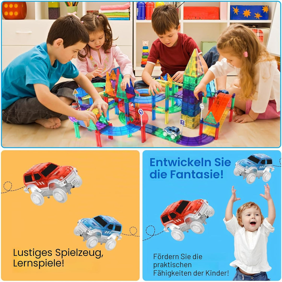126Pcs Magnetisches Baustein Spielzeug für Bahnrennen, Magnetisches Bauspielzeug mit LED Rennwagen,