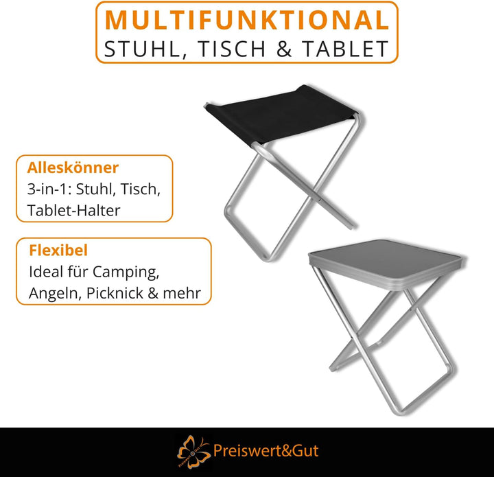 Preiswert&Gut Klappstuhl Sitzhöhe 45cm aus Aluminium bis 100kg mit Tischplatte MDF 40x40cm, 20kg bel