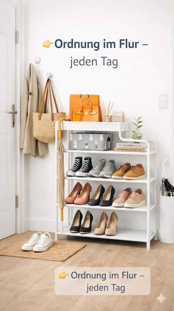 ELNO Schmales Schuhregal 21cm Tief – Platzsparender Schuhständer mit 5 Ebenen für bis zu 7 Paar leic
