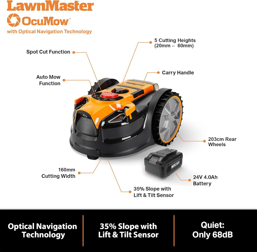 LawnMaster OcuMow™ Roboter-Rasenmäher mit kabellosem 24V MAX 10-Zoll-Gras-Trimmer-Kombi-Set, optisch