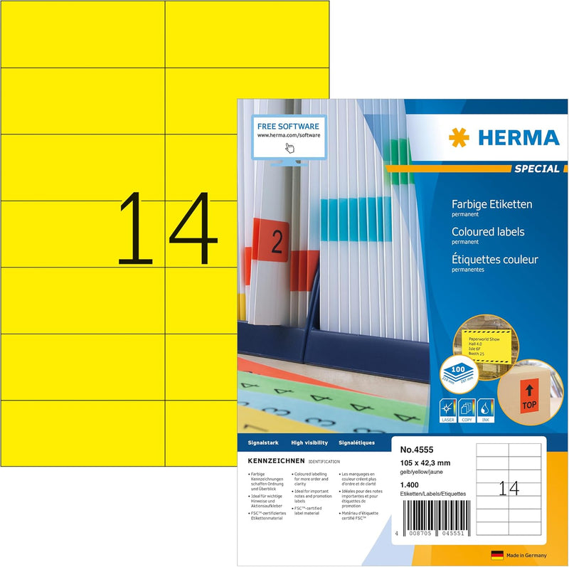 HERMA 4555 Farbige Etiketten gelb, 100 Blatt, 105 x 42,3 mm, 14 Stück pro A4 Bogen, 1400 Aufkleber,