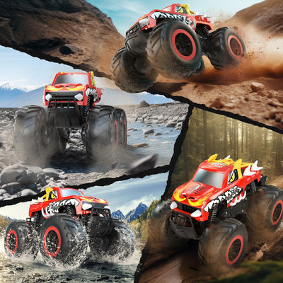 DEERC Amphibisches Ferngesteuertes Auto 1:16, 4WD Off-Road Monster Trucks in Feuer-Drache-Optik mit