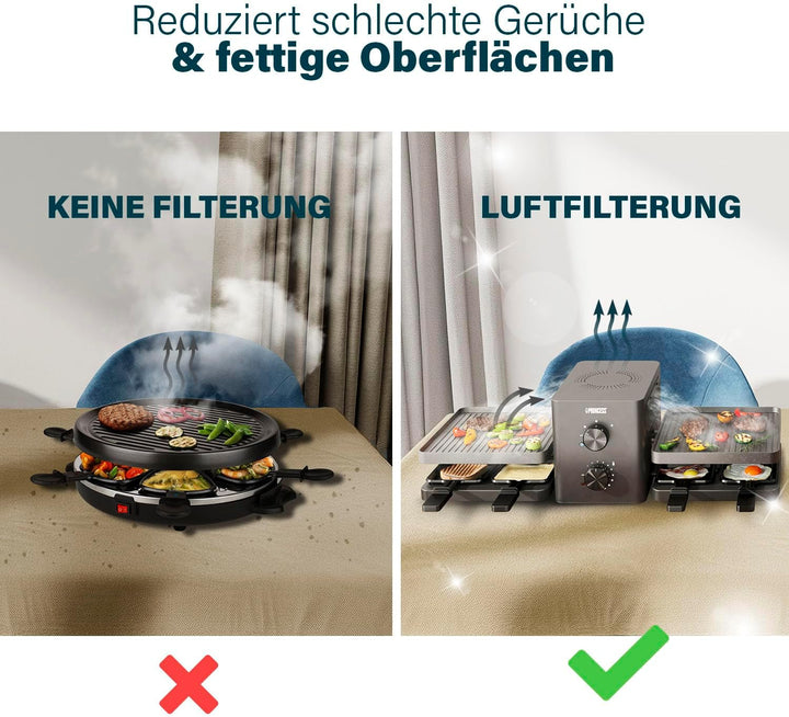 Princess Raclette Purify, 8 Personen, Integriertes Luftfiltersystem, Verstellbarer Thermostat, Spülm