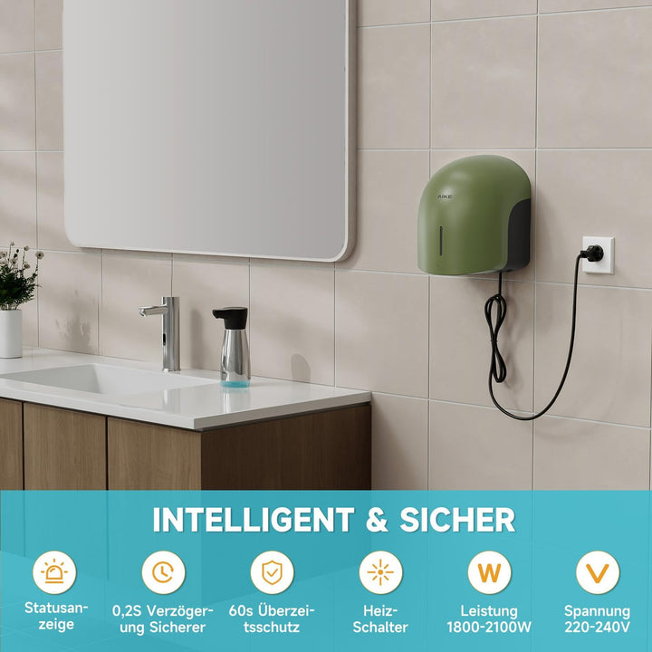AIKE GentleAir Warmluft Handtrockner, Leise für Zuhause & Bäder, AC220V-240V, Wald Grün, Wald Gr