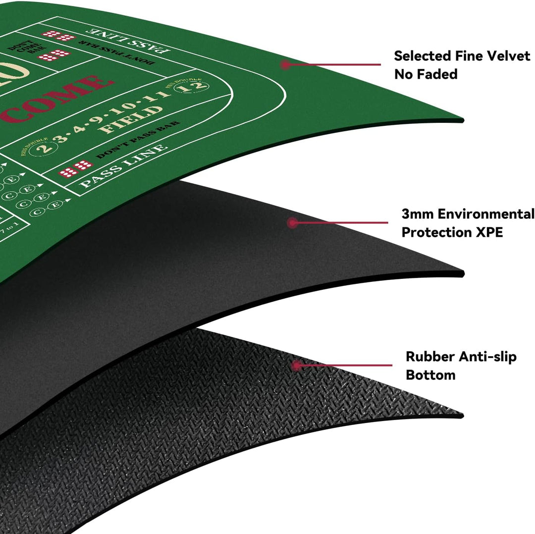 YUZPKRSI 177,8 x 88,9 cm tragbare, professionelle Casino-Craps-Tisch-Layout-Matte mit Tragetasche, r