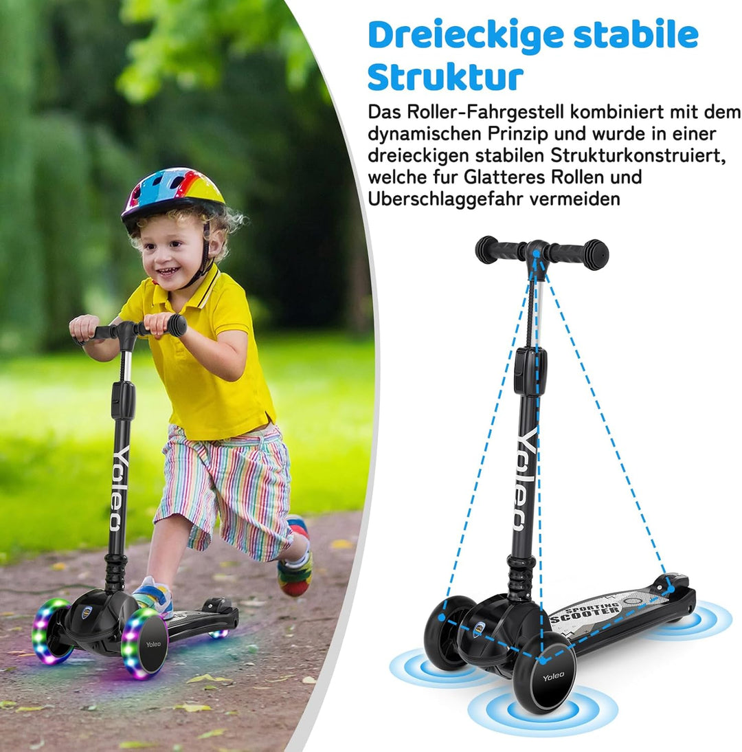 YOLEO Kinderoller Kinderscooter Dreiradscooter mit LED Räder, 2-Rädern Hinterbremsen,4 Höhenverstell