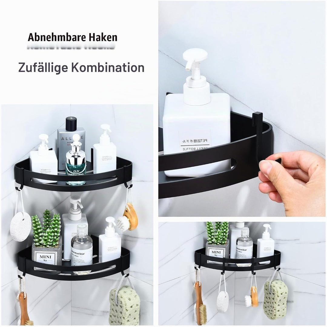 Duschablage Ecke Ohne Bohren, Duschregal Schwarz Metall mit 4 Haken Selbstklebendes Badezimmer Eckre
