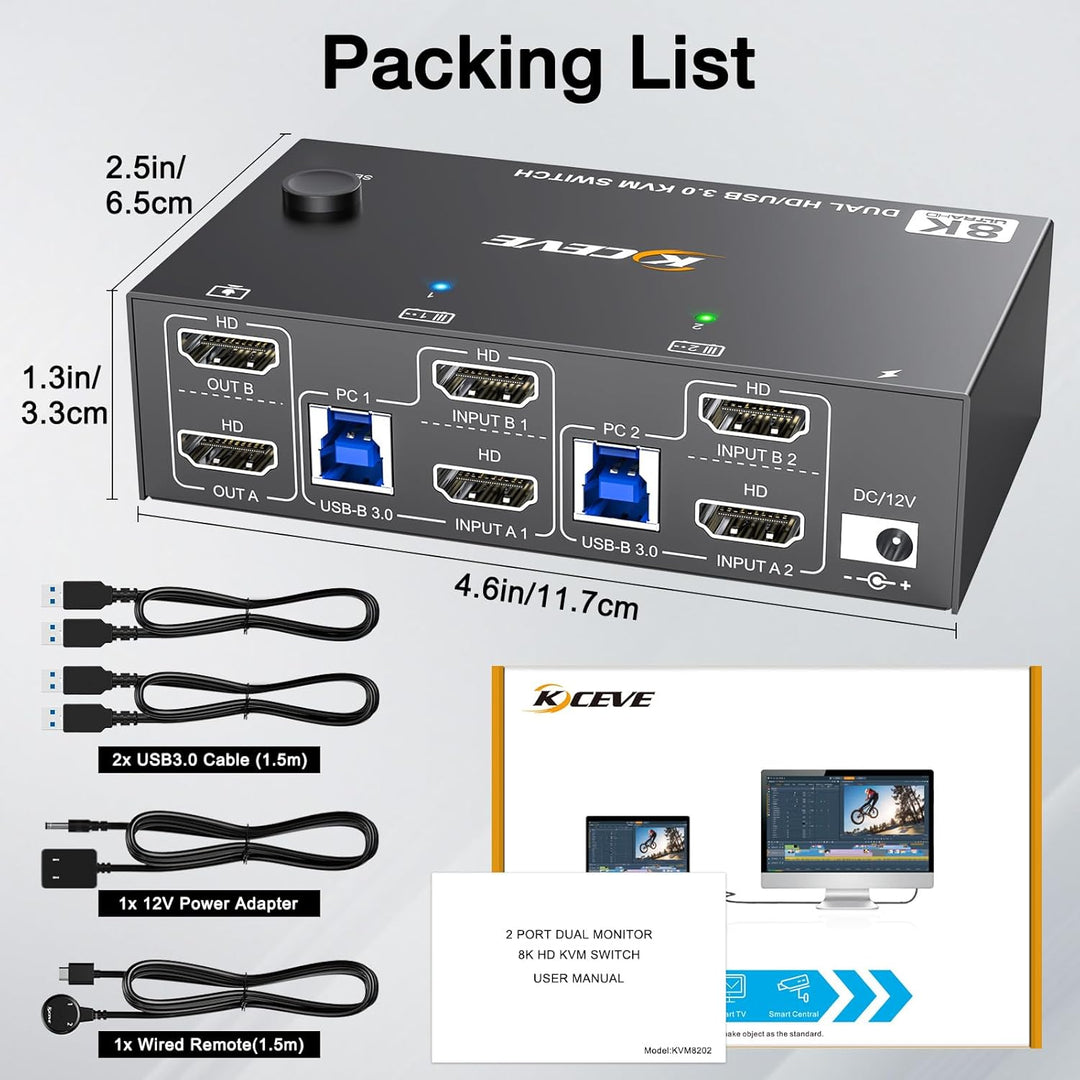 8K HDMI KVM Switch 2 PC 2 Monitore 8K@60Hz 4K@144Hz, MLEEDA USB 3.0 Dual Monitor KVM Switch mit 4 US