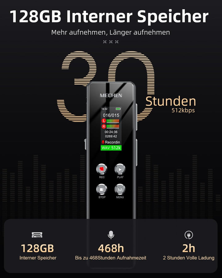 MECHEN V01 128GB Diktiergerät, Sprachrekorder VOR-Aufnahme, Passwortschutz, Automatische Rauschunter