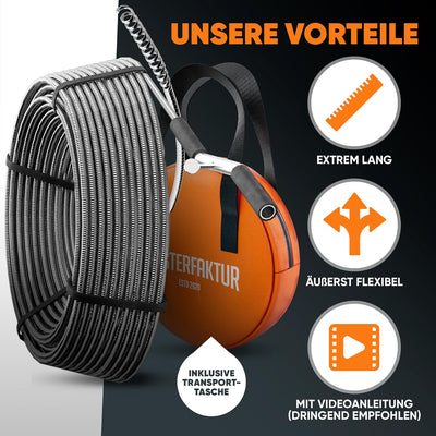 Meisterfaktur Rohrreinigungsspirale 3.0 [30m] - extrem lang - Ideale Abflussspirale für schwere & ti