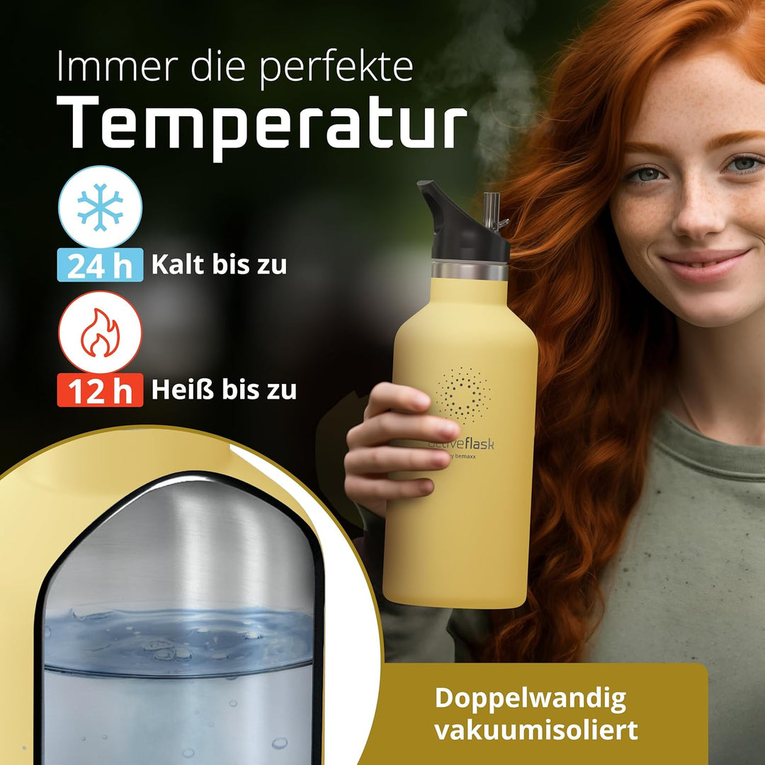 Trinkflasche Edelstahl mit Strohhalm, Infuser + 3 Deckel: BPA-frei, Auslaufsicher, Kohlensäure geeig