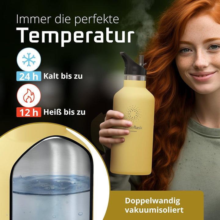 Trinkflasche Edelstahl mit Strohhalm, Infuser + 3 Deckel: BPA-frei, Auslaufsicher, Kohlensäure geeig