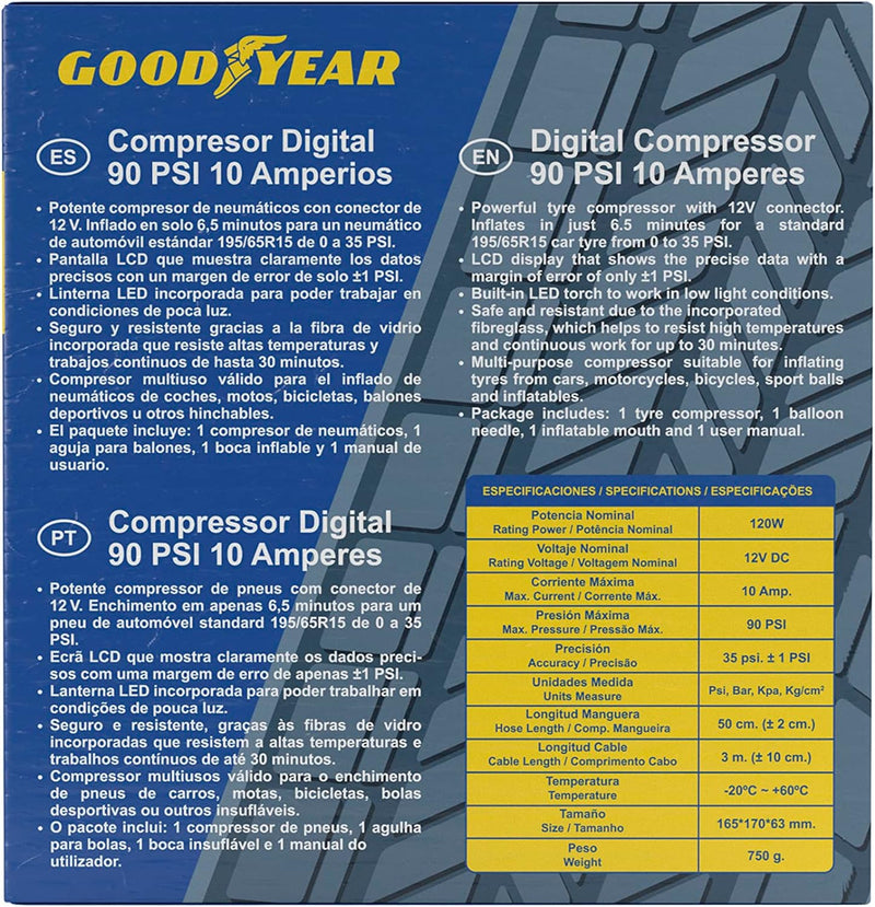 Goodyear DIGITALER TRAGBARER KOMPRESSOR 35PSI 12V ANSCHLUSS 90 PSI / 6,2 BAR, 12V ANSCHLUSS 90 PSI /