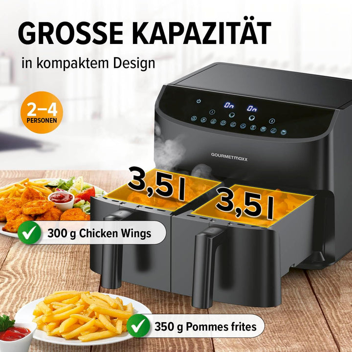 GOURMETmaxx Doppelkammer-Heissluftfritteuse 2x 3,5L - Schwarz | Airfryer + synchronisierte Garzonen,