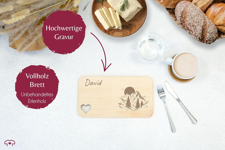 Frühstücksbrettchen Holz Herz - Wandern - Brotzeitbrett Bergwanderer Geschenk Wanderer I Berge I Kle