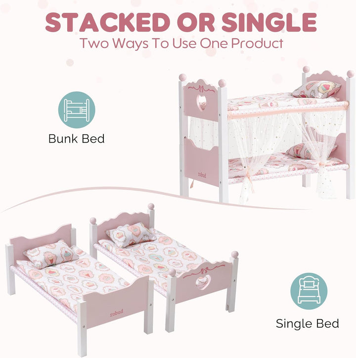 ROBUD Holzpuppen-Etagenbett, 2-in-1-Convertible Puppenbett mit Bettwäsche, Baldachin Vorhänge &amp; Herz