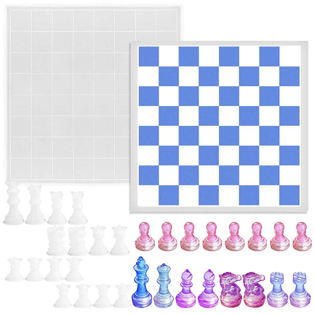 SENHAI Schachbrett-Harzformen-Set, 1 Schachbrett-Silikonform und 16 Stück 3D-Schachfiguren aus Harzg