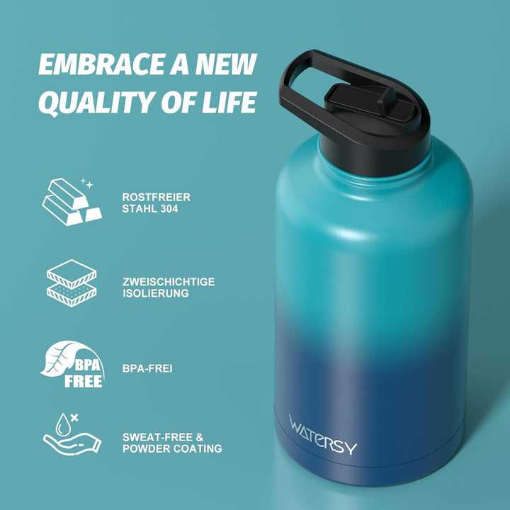 WATERSY Isolierte Edelstahl Trinkflasche 64oz Vakuumisolierte Thermosflasche mit 2 Deckel Auslaufsic