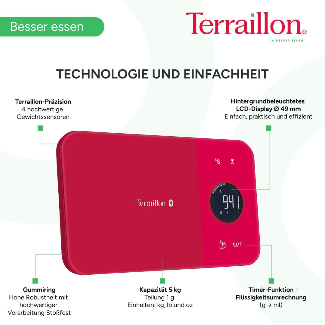 Terraillon Küchenwaage, Mit Smartphone/Tablet verbindbar, Berechnung der Energieaufnahme, Mit Tara-F