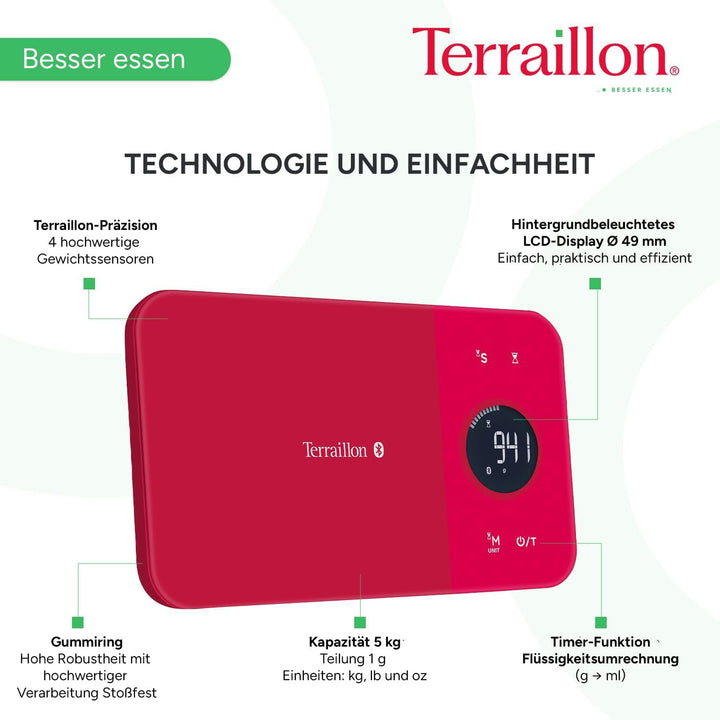 Terraillon Küchenwaage, Mit Smartphone/Tablet verbindbar, Berechnung der Energieaufnahme, Mit Tara-F
