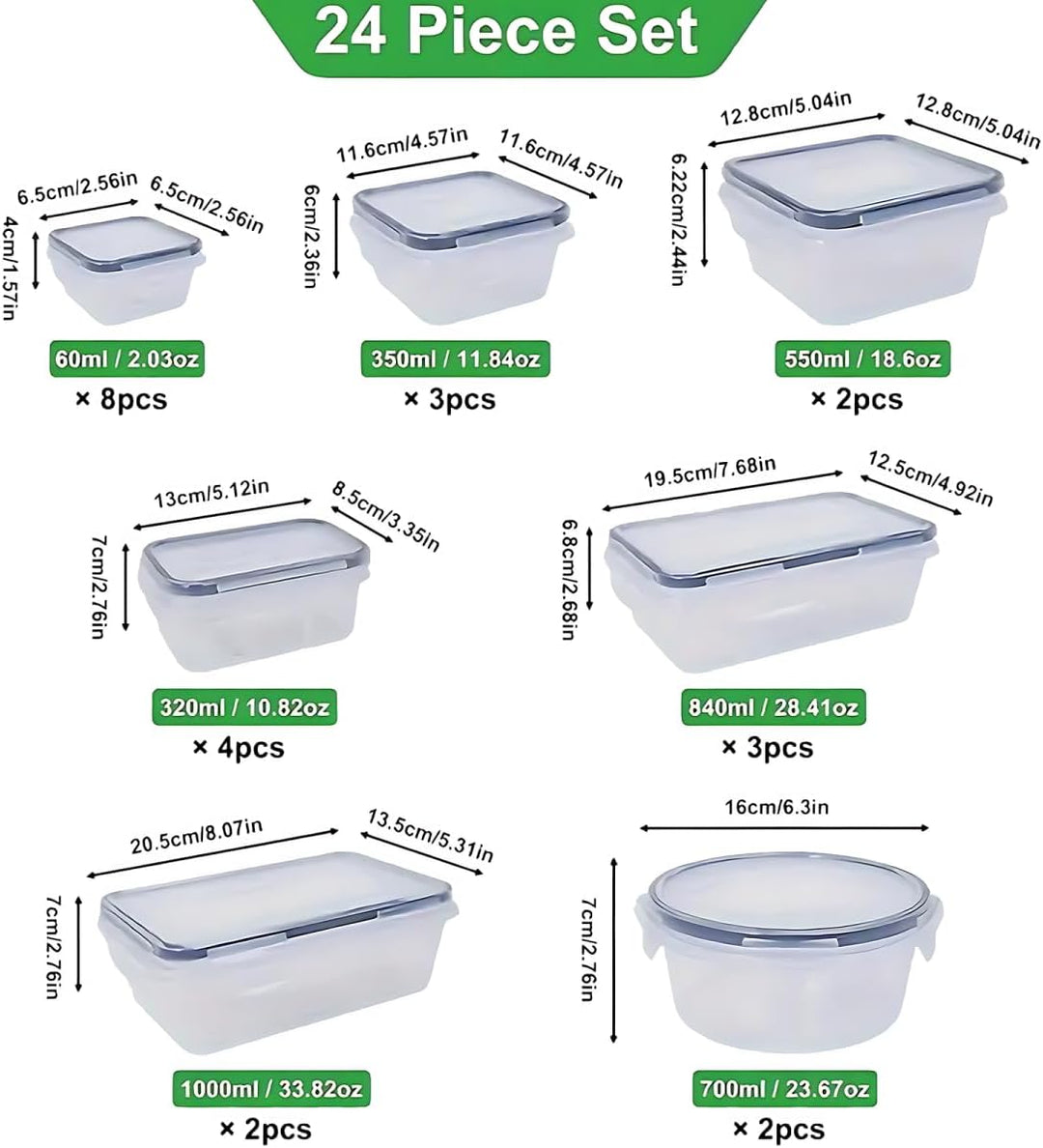 48er Frischhaltedosen mit Deckel, Meal Prep Boxen, Vorratsdosen Set (24 Behälter+24 Deckel), Aufbewa