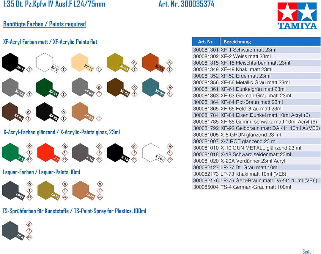TAMIYA 35374-000 1:35 Deutscher Panzerkampfwagen IV Ausführung F L24/75mm, Modellbausatz, Plastikbau