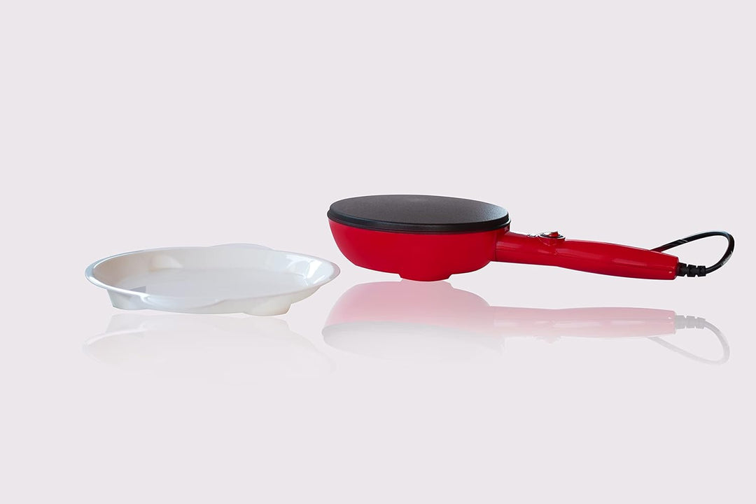 BEHOME Elektrische Crêpe-Pfanne mit Griff für Crepes, antihaftbeschichtet, 800 W, 20 cm, Rot