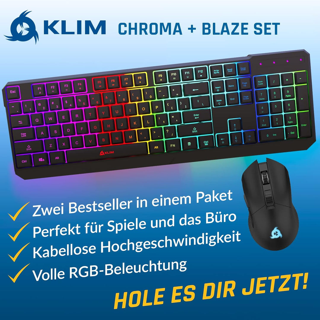 KLIM Blaze &amp; Chroma - NEU 2024 - Tastatur Maus Set Kabellos QWERTZ- Flach, Ergonomisch - Maustastatu