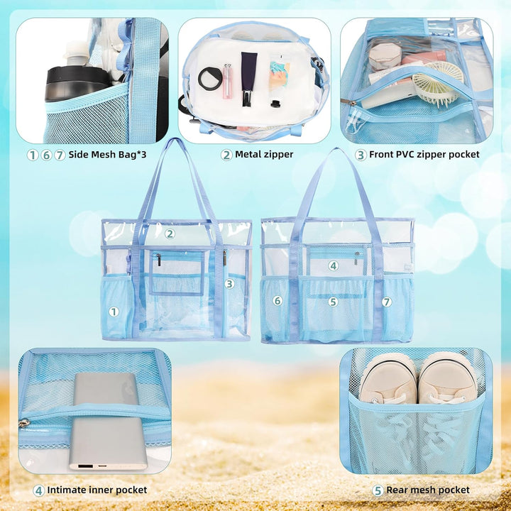 TINYAT Grosse transparente Tragetasche für Damen, transparent, Netzstoff, Strandtasche, Schultertasc