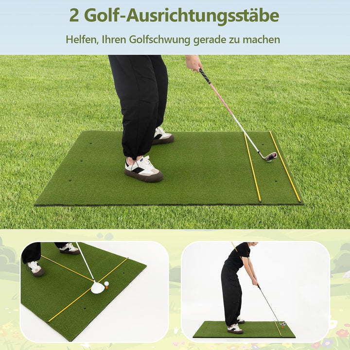 GYMAX Golf Abschlagmatte, Golf Übungsmatte mit 2 Gummi-Tees, 2 Ausrichtungsstäben & 6 Abschlagpositi