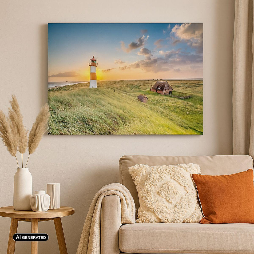 Bilder auf Leinwand 100x70cm Leinwandbild mit Rahmen Leuchtturm Meer Gross Wanddeko Bild Schlafzimme