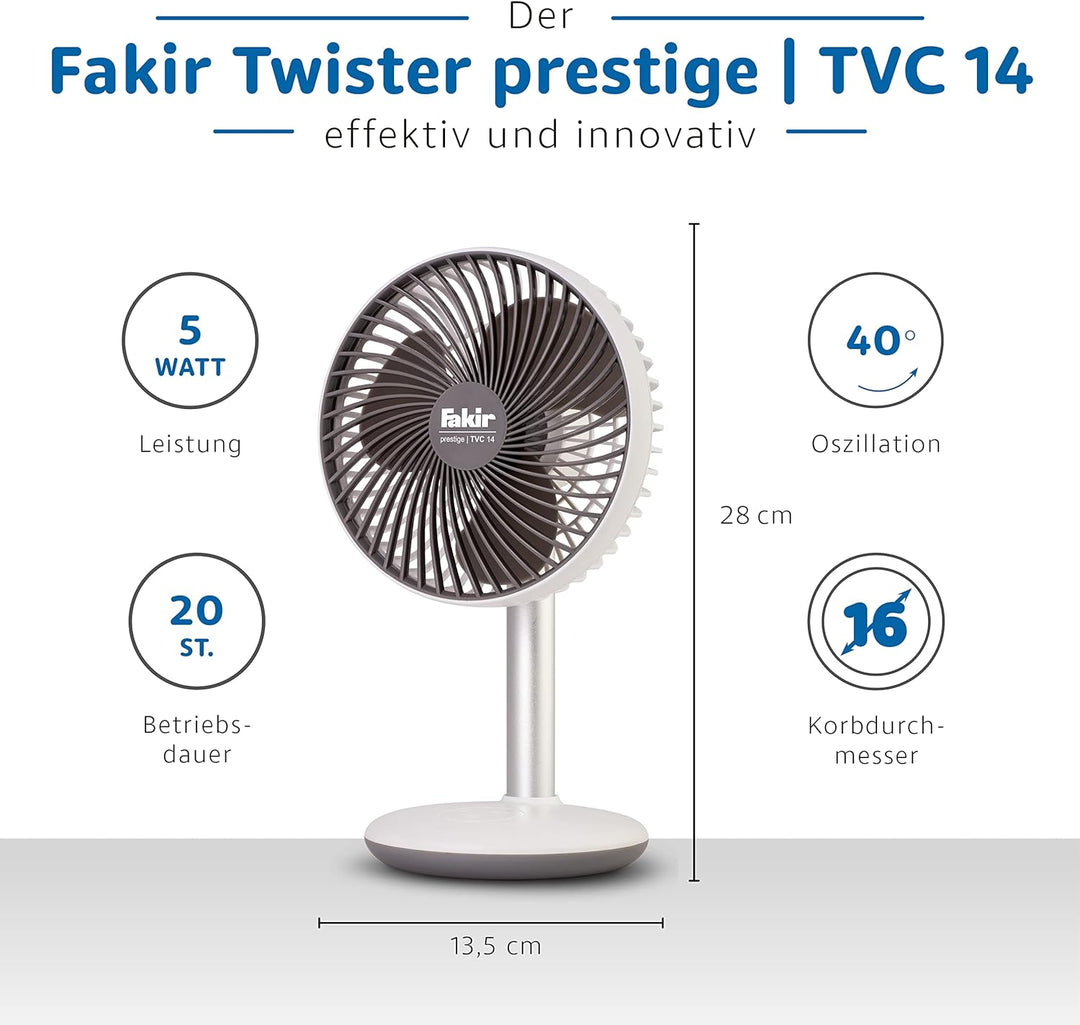 Fakir Twister prestige TVC 14 – Leiser Akku-Tischventilator mit USB-Anschluss, Kabelloser Ventilator