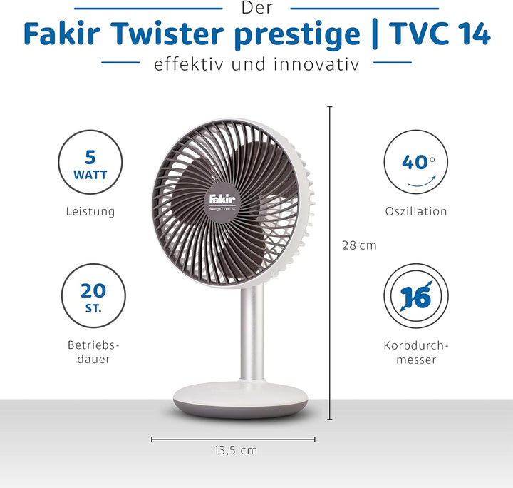 Fakir Twister prestige TVC 14 – Leiser Akku-Tischventilator mit USB-Anschluss, Kabelloser Ventilator