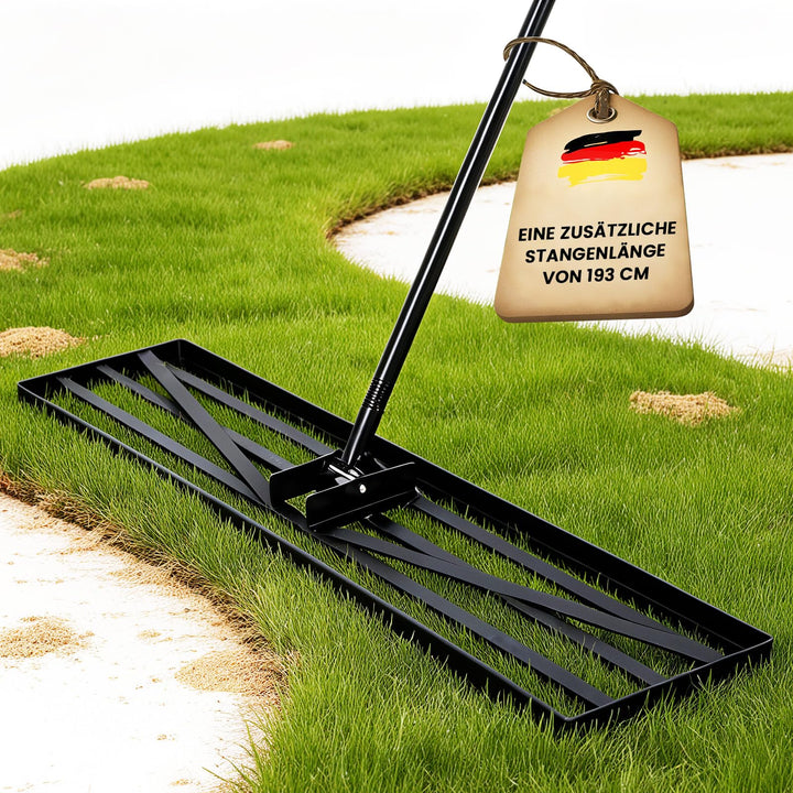 Rasenrechen, 75 x 25 cm, Gartenrasen-Nivellierrechen mit 193 cm extra langem Stiel Gartengerät zum m