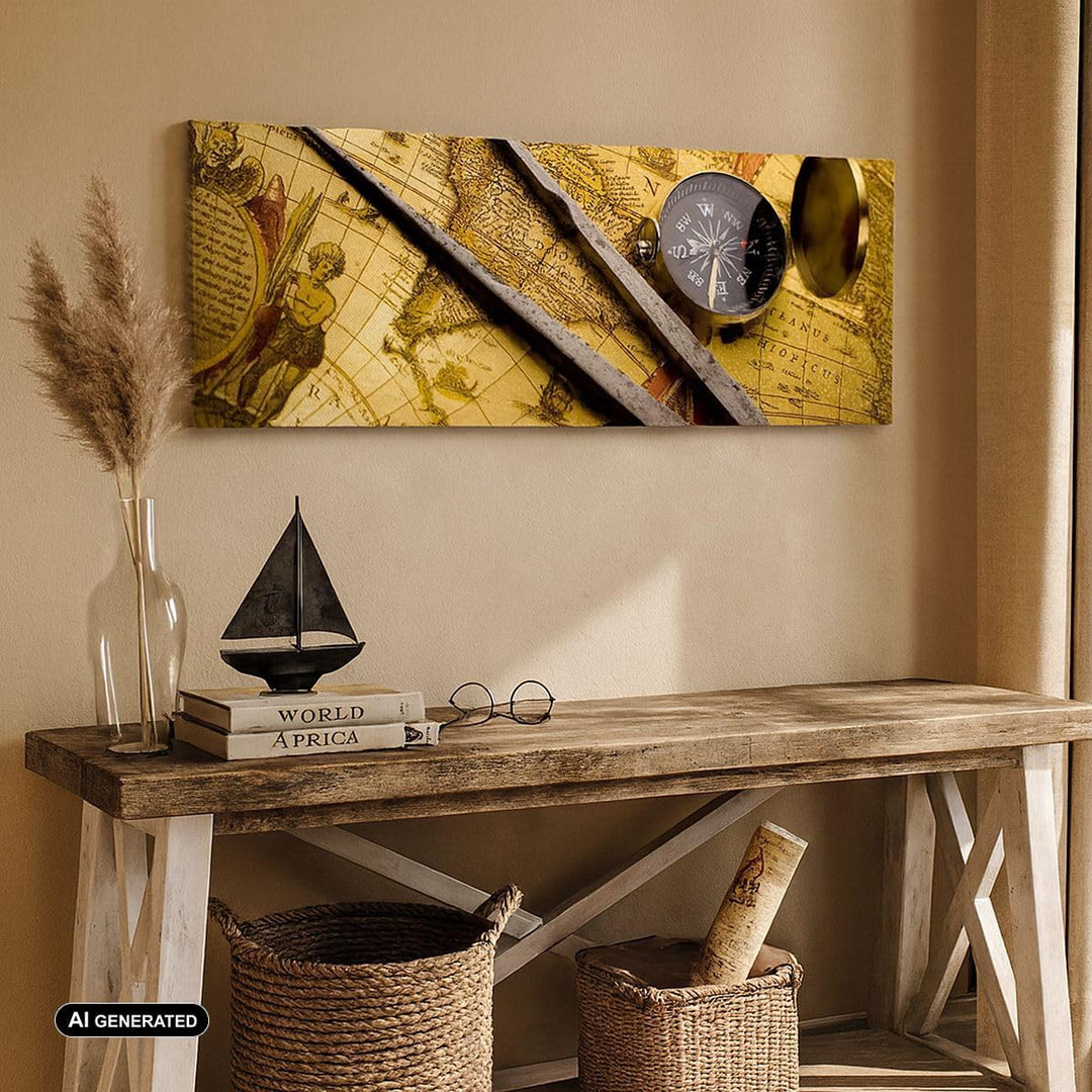 Panorama Bilder auf Leinwand 100x40cm Leinwandbild Kompass Abenteuer Reisen Gross Wanddeko Bild Schl