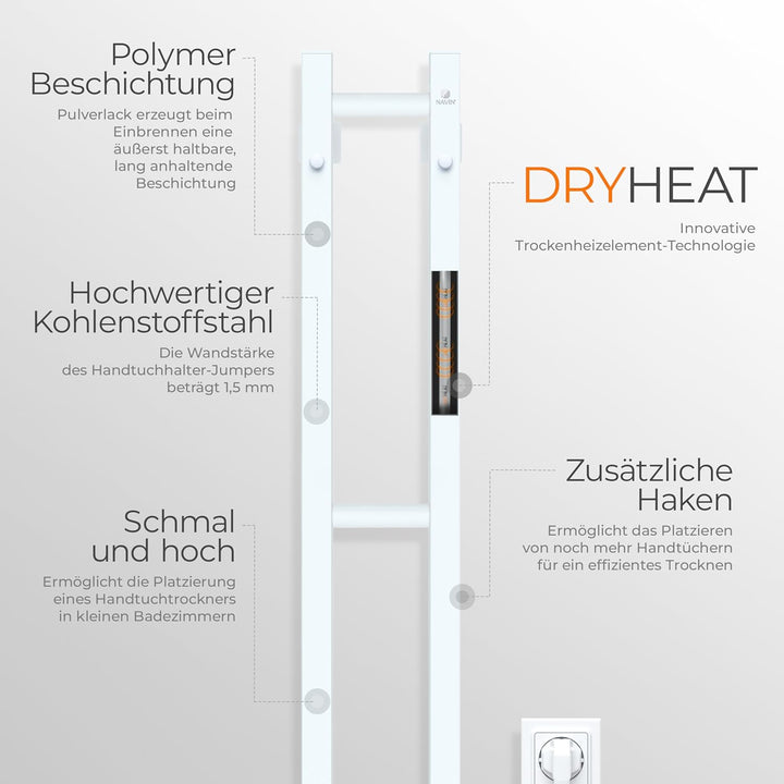 NAVIN Elektrischer Handtuchtrockner Silouette Quadro 160x1000 - Weiss aus robustem Kohlenstoffstahl