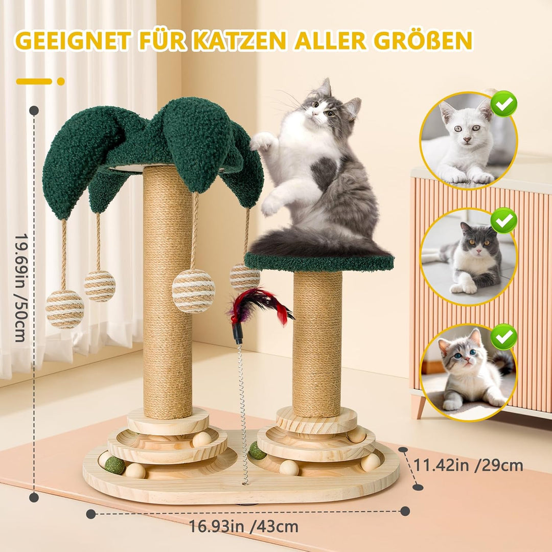 6 in 1 Interaktives Katzenspielzeug, Holz Katzenmöbel mit Hängenden Kugeln, Federn, Drehbar Smart Tr